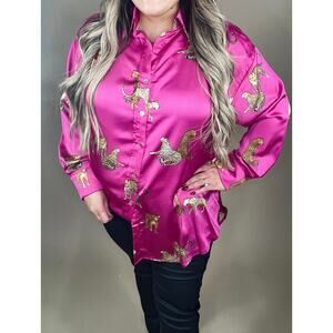 Entro Women’s Pink Leopard Button Down Blouse Top Size M Oversized Cheetah
